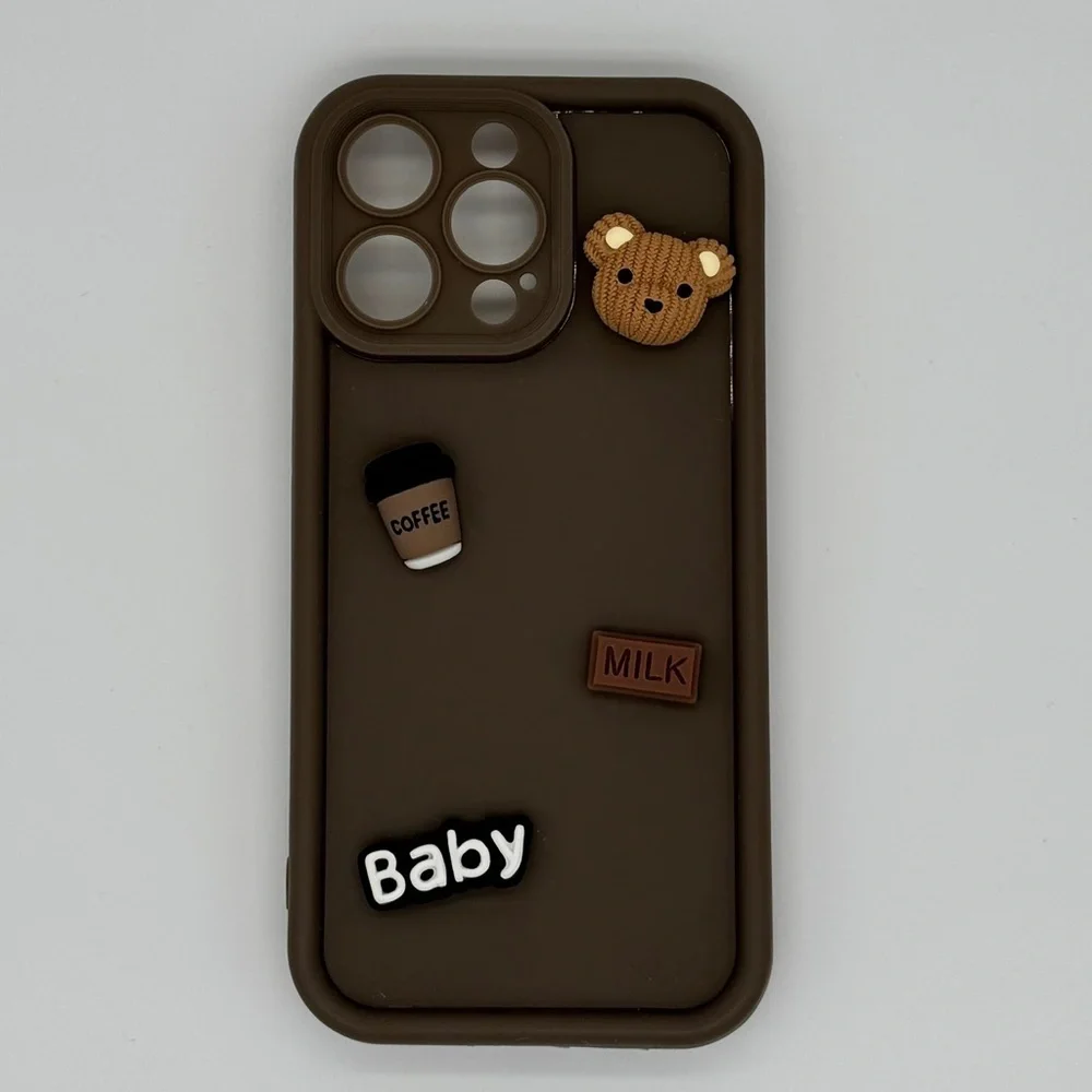 iPhone 15 Pro Max 3D Bear Kawaii Brown Phone Case With Cute Charms